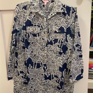 Blue zebra print button down